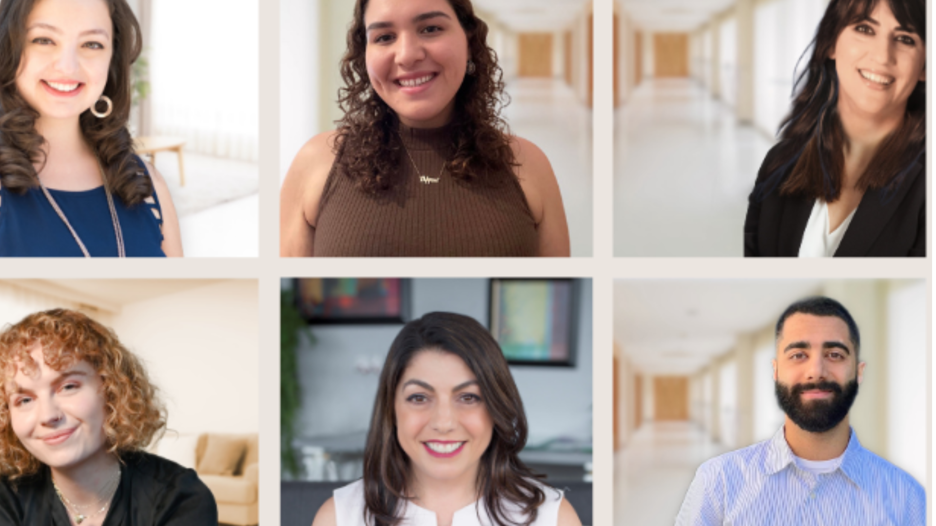 A grid of six portraits featuring three women on top and two women and one man at the bottom, all smiling in a well-lit hallway setting.