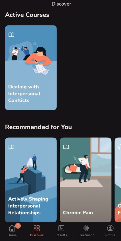 Mobile app screen showing sections for "Active Courses" with "Dealing with Interpersonal Conflicts" and "Recommended for You" with "Actively Shaping Interpersonal Relationships" and "Chronic Pain.