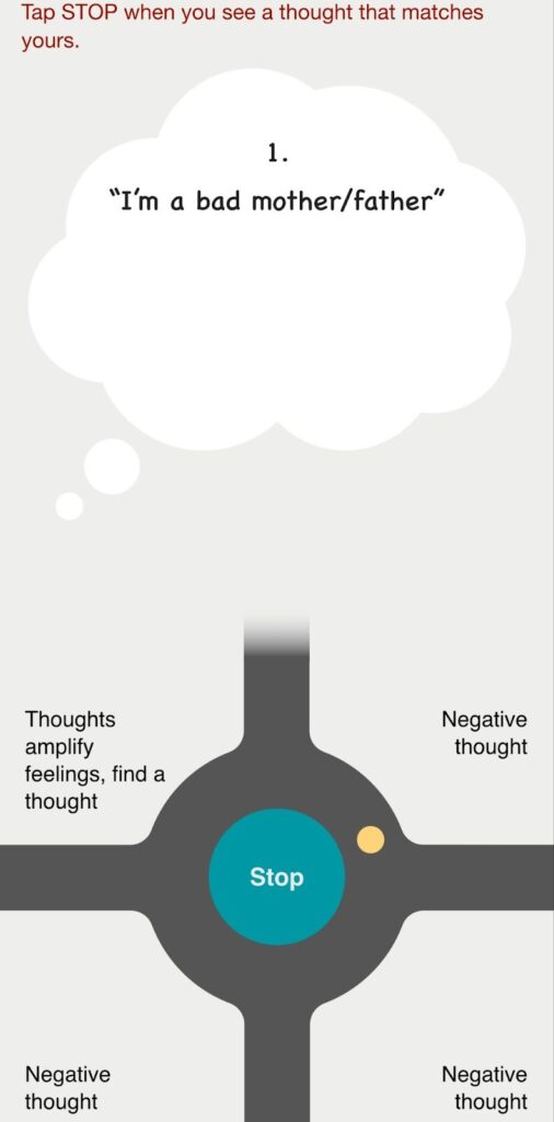 A thought bubble reads "I’m a bad mother/father" above a diagram with a central "Stop" button and paths labeled "Negative thought" and "Thoughts amplify feelings, find a thought.